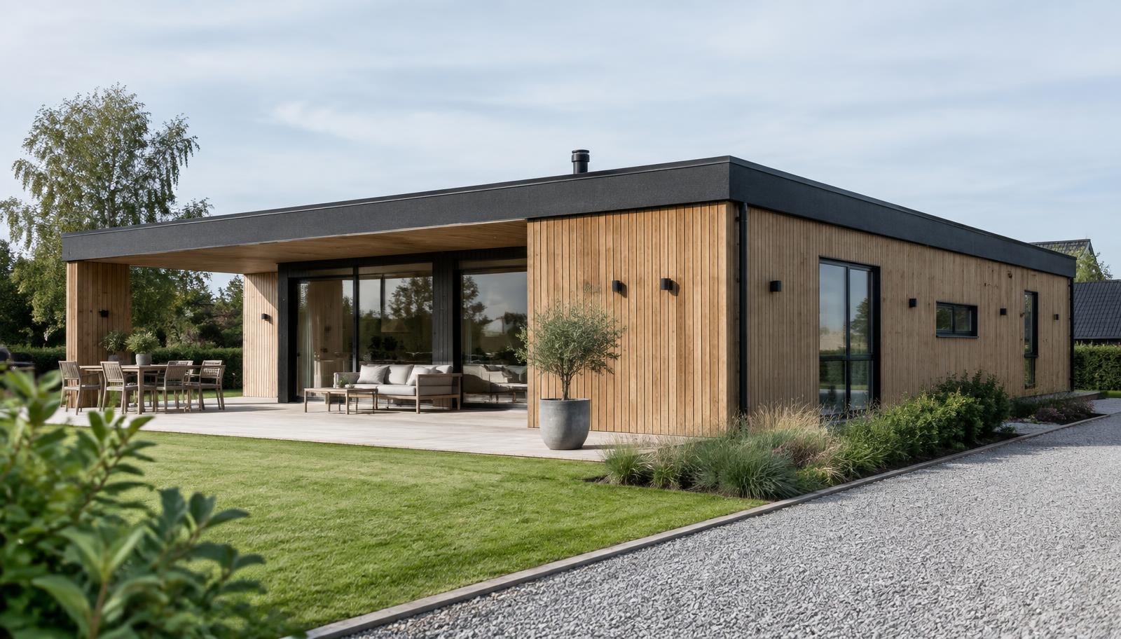 Moderne dansk hus med fladt tag i sort tagpap